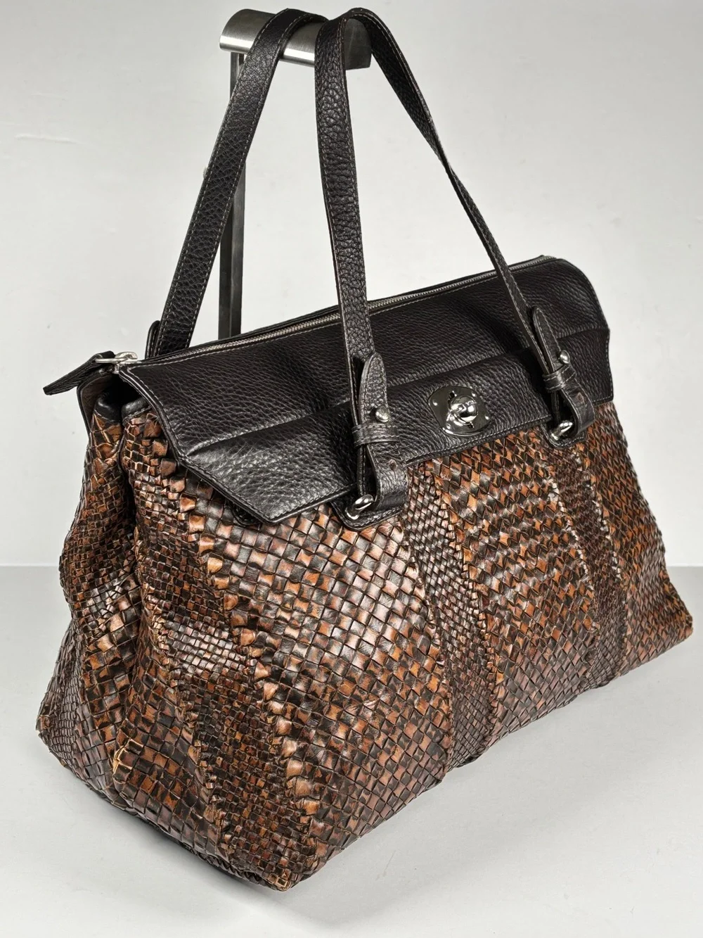 Furla leather brown Woven Tote Bag - top handles Brown